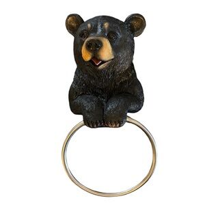 Black Bear Towel Bar Ring Bathroom/Kitchen Cabin Decor Wall Mounted Silver Ring